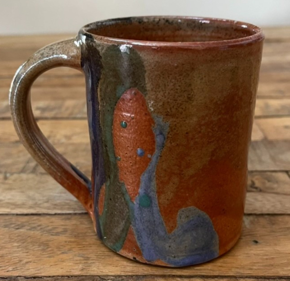 Studio Pottery Hand Thrown Coffee Mug 4" Light Blue Brown Glaze Drip Design